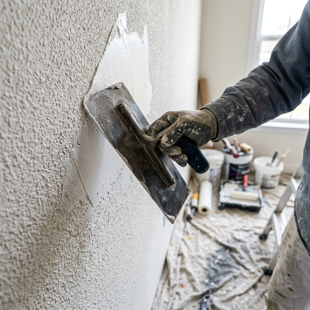 Plancha metálica alisando la textura de gotelé en una pared mediante plaste de renovación blanco
