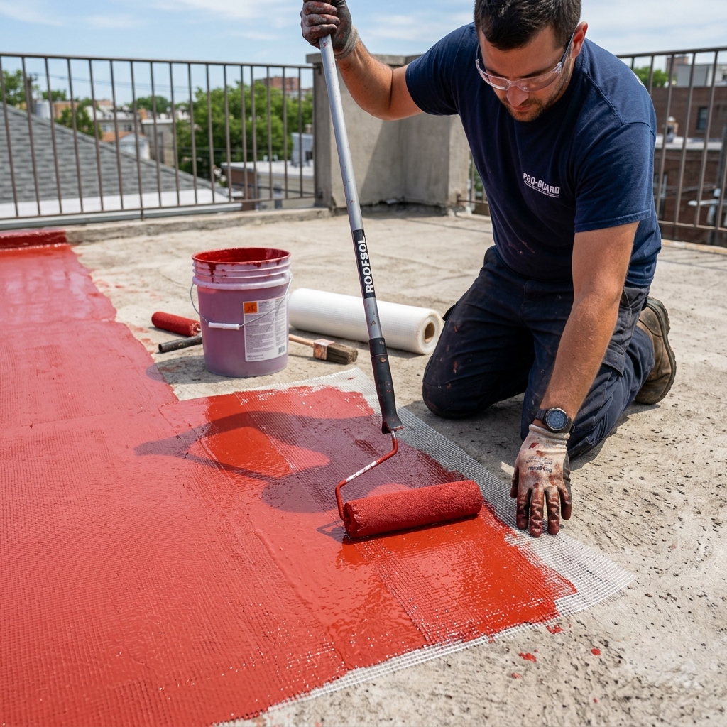 Obrero aplicando pintura impermeabilizante con rodillo en el suelo de una terraza exterior