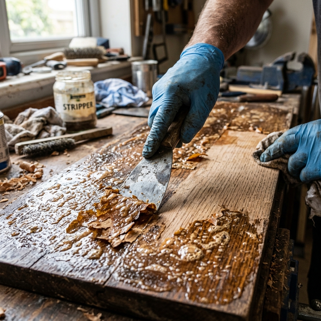 Restauración de mueble decapando el barniz viejo con espátula