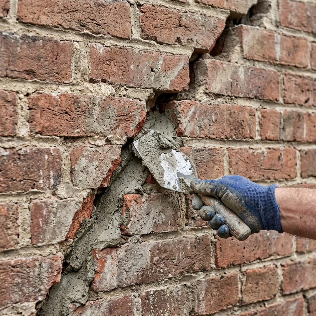 Reparación de grieta grande en pared de ladrillo con cemento