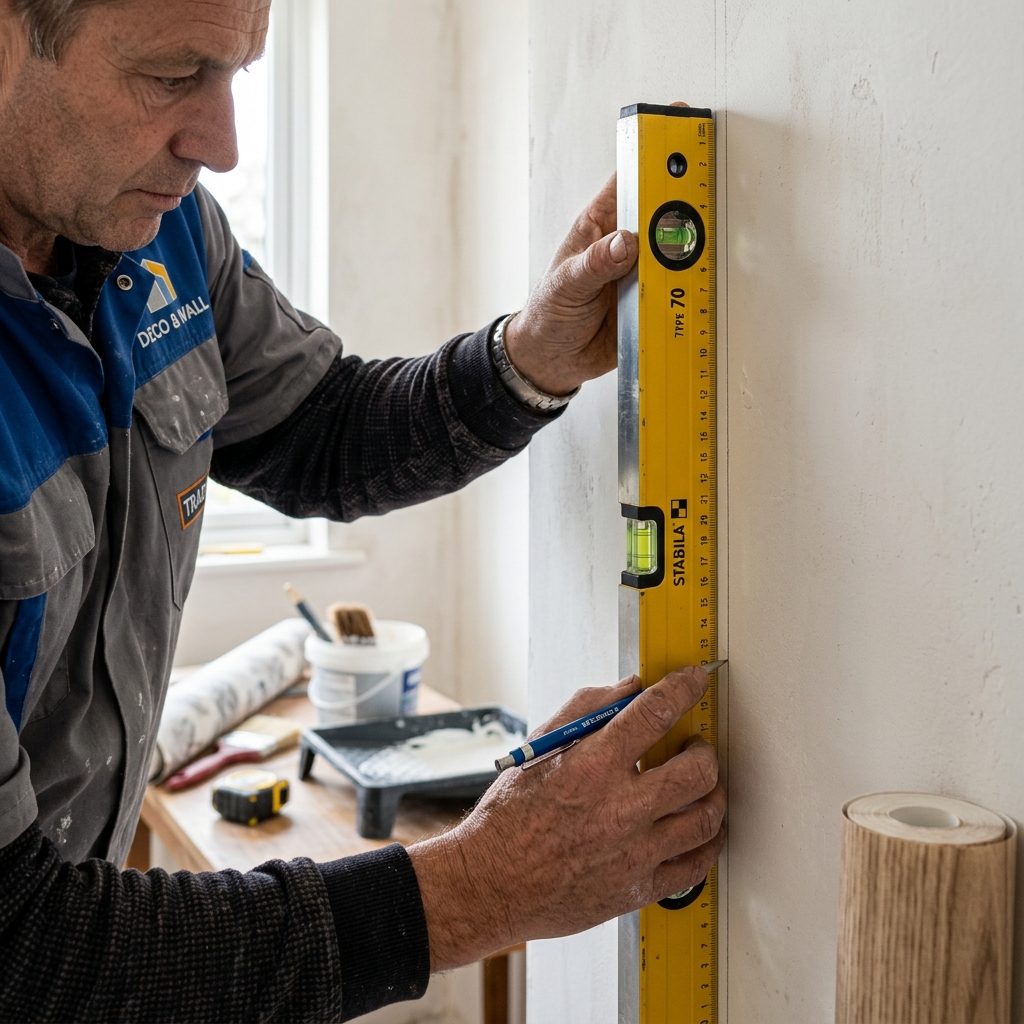 Uso de un nivel de burbuja y lápiz para trazar la línea guía vertical de inicio en una pared blanca